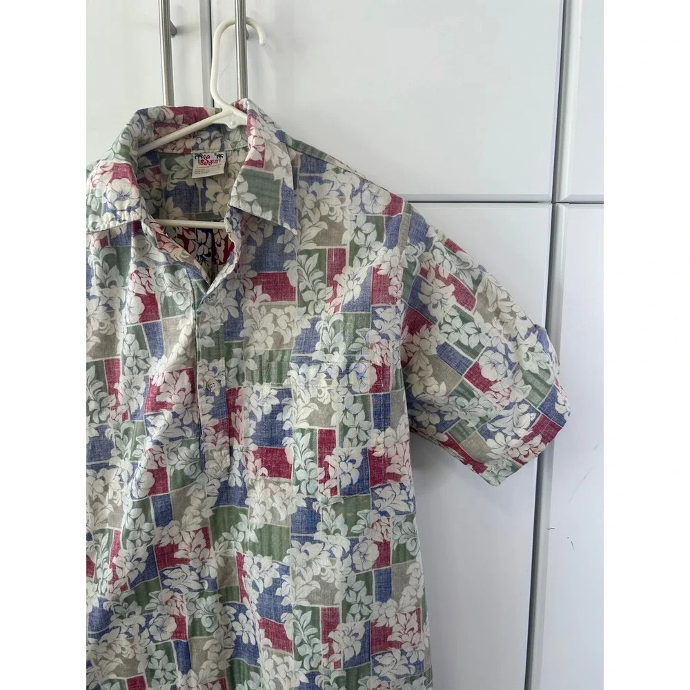 Go Barefoot Mens Hawaiian Shirt Large Floral‎ Patchwork Cotton Made in USA